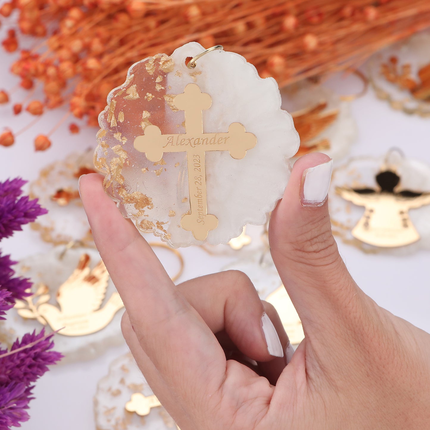 Baptism Epoxy Resin Magnet & Keychain – Gold Dove, Angel, or Cross Acrylic Mirror Favor, Custom Baptism Keychain Favor, Mi Bautizo, First Communion Favors, Christening Epoxy Favors,Confirmation,Baptism Angel,First Holly Communion